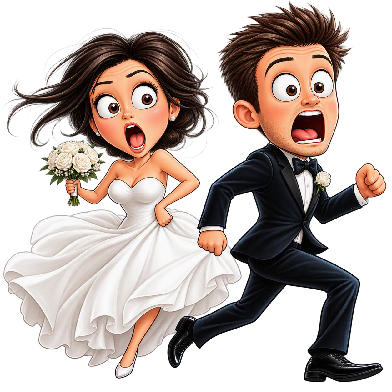 Illustrazione allegra di una sposa con bouquet e di uno sposo in smoking che corrono insieme